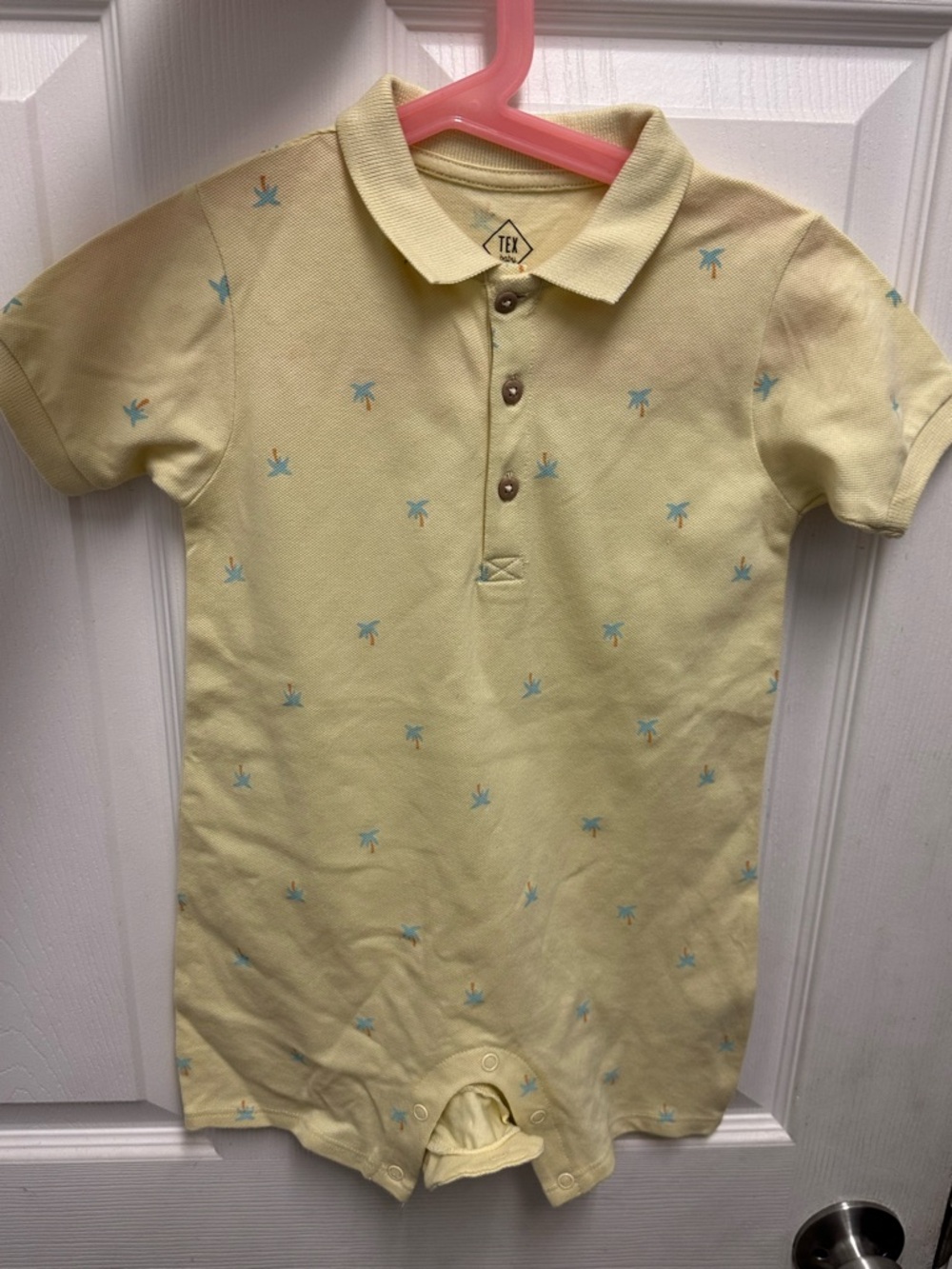 Yellow Polo-Style Baby Romper with Blue Palm Motif